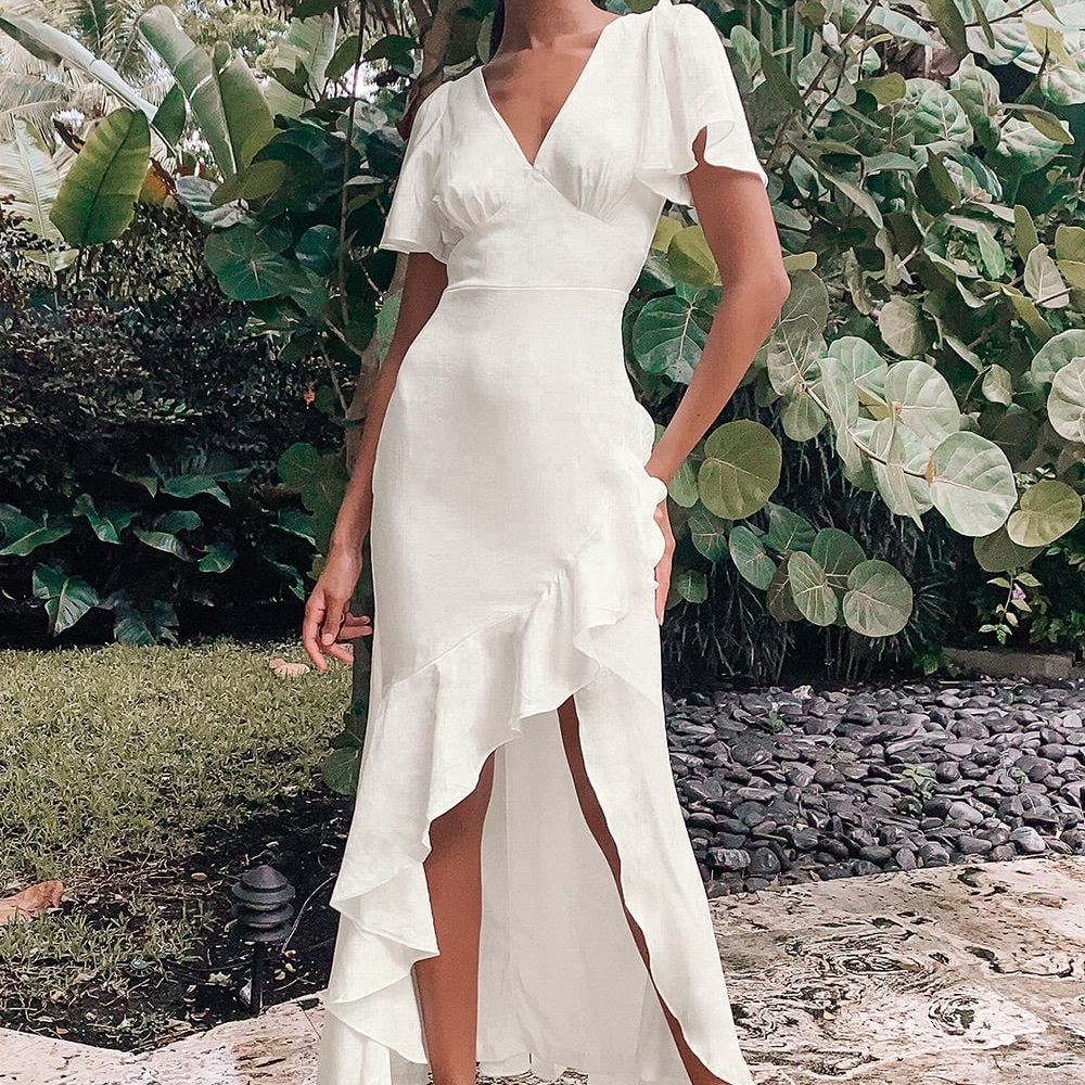 Lulu’s Eternal Bond White Satin Ruffled Flutter Sleeve Maxi Dress